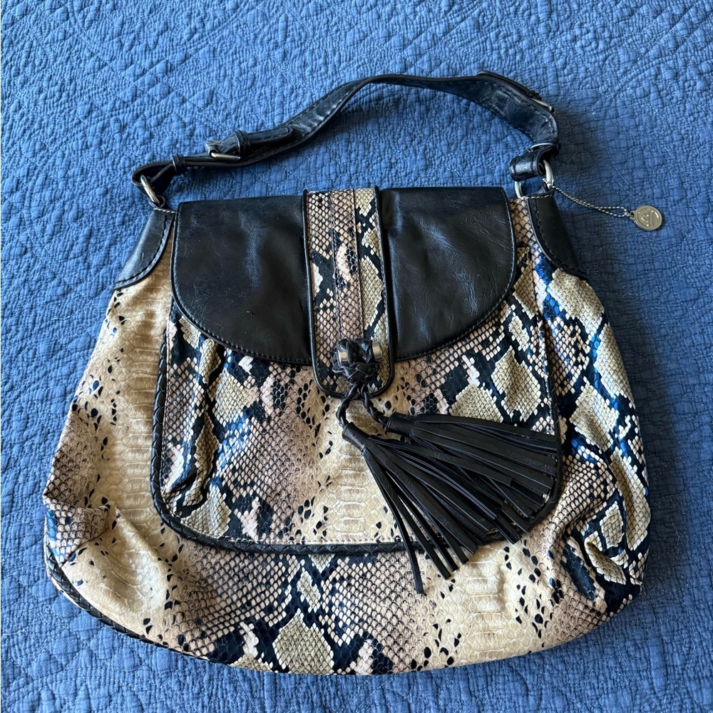 Big Buddha Santa Barbara Black and Tan Shoulder Bag with Snakeskin Print